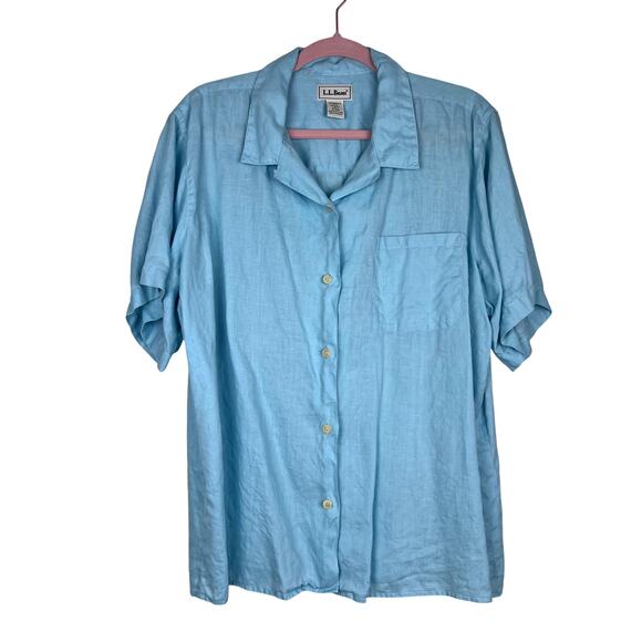 L.L. Bean Tops - L.L. Bean 100% Linen Short Sleeve Button Front Shirt Light Blue Women’s XL